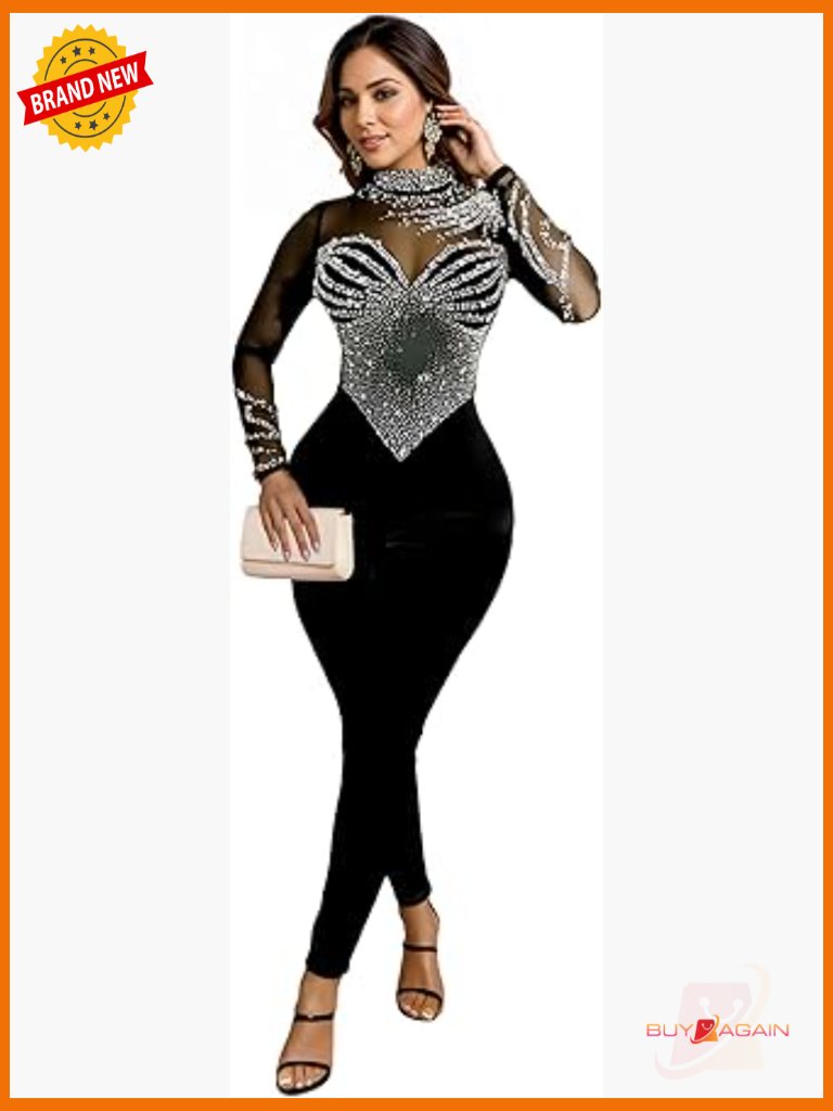 Sparkly Rhinestone Embellished Jumpsuit Sexy Birthday Outfit For Women